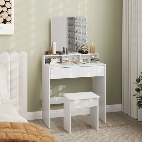 Postazione Trucco con Sgabello, Tavolo da Trucco con Specchio, 3 Ripiani, 2 Cassetti, Toeletta Trucco Moderno in Legno per Camera da Letto, 75x38x135 cm, Bianco