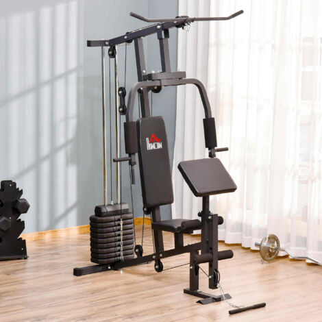 Palestra Multifunzione, Stazione Fitness con Pesi 45kg, Lat Pulldown, Leg Extension, Preacher Bicep Curl, Triceps Pulldown, Power Tower per Home Gym Casa