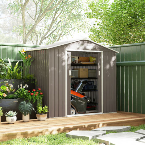 Casetta da Giardino Porta Utensili in Lamiera di Acciaio con Fondazione, 2.42m² Capanno da Giardino in Acciaio con Porte Scorrevoli, 213x130x185 cm, Grigio