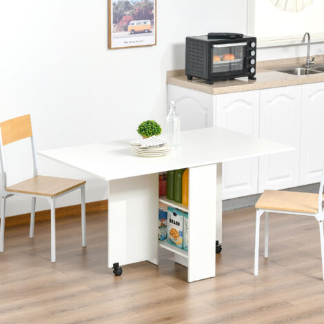 Tavolo da Pranzo Pieghevole, Tavolo Cucina a Ribalta per 6 Persone, Scrivania Richiudibile Salvaspazio con 2 Ripiani Aperti e Ruote a Freno, per Soggiorno, Ufficio, 140x75x74cm, Bianco