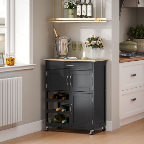 Carrello da Cucina con 9 Portabottiglie, 3 Ante, 4 Ruote e Cassetto, Mobiletto Cucina Salvaspazio con Piano in Legno di Gomma, per Soggiorno, 67x37x87 cm, Nero e Rovere