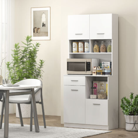 Credenza Cucina Alta con Cassetto, 4 Armadietti e 3 Scomparti Aperti, Mobile Dispensa con Ripiano Regolabile in Legno, per Soggiorno e Cucina, 80x35x180 cm, Bianco