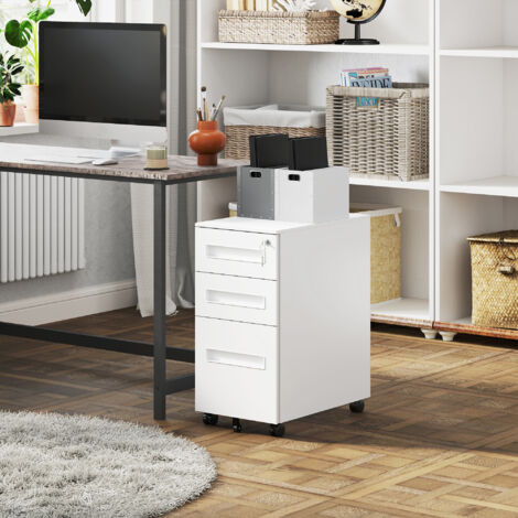 Cassettiera da Ufficio, Schedario Portadocumenti con 5 Ruote, 3 Cassetti con Serratura e Chiavi, Mobiletto Archivio per Documenti con Cartelle Sospese Formato A4 Lettera in Acciaio, Bianco (1/5)