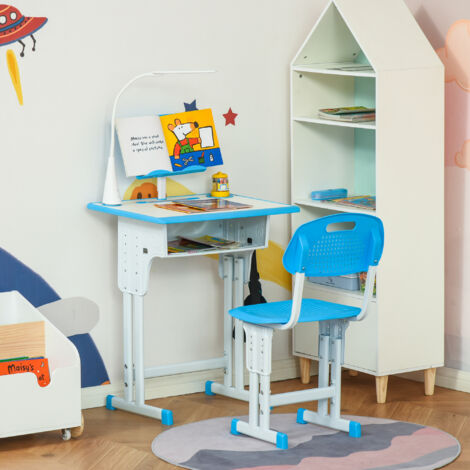 Set Scrivania e Sedia per Bambini 6-12 Anni ad Altezza Regolabili, Banco Scuola con Lampada, Cassetto, Gancio, Portapenne e Leggio, Set Banco con Sedia per Bambini in Acciaio e MDF, Blu (1/5)
