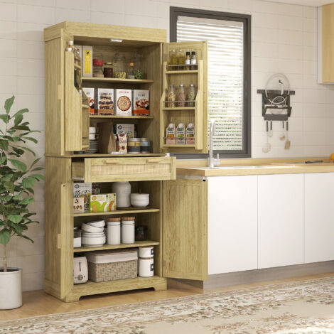 Credenza Cucina Alta in Stile Boho con 2 Armadietti e un Cassetto, Mobile Cucina con Portaspezie in Legno e Rattan, 76x40x183cm, Rovere