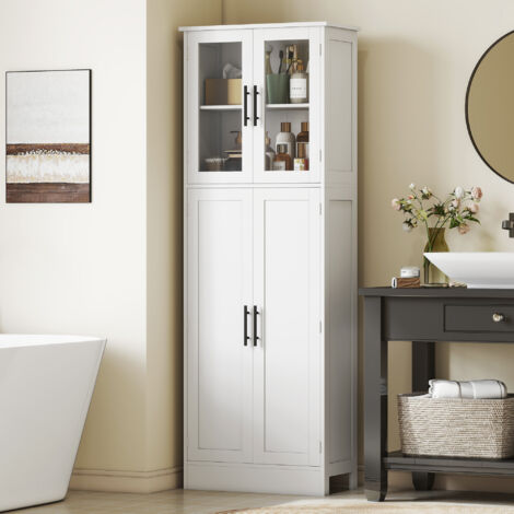 Mobile Bagno Alto con Ante in Vetro e 2 Armadietti, Mobiletto Bagno Salvaspazio con Ripiani Regolabili, Armadio da Terra per Sala da Pranzo Salotto Soggiorno Cucina, 60x30x170 cm, Bianco