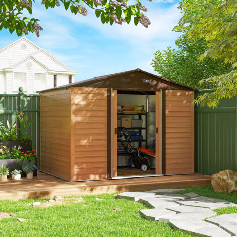 Casetta da Giardino 4.84m² in Acciaio Zincato con Fori di Drenaggio Prese d'Aria, Capanno Porta Attrezzi con Tetto Inclinato, Doppie Porte Scorrevoli Bloccabili, Design Effetto Legno, Marrone