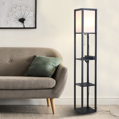 Lampada da Terra Moderna, Lampadina Illuminazione Interna Salvaspazio con Ripiani da Soggiorno Cotone, MDF 26 x 26 x 160 cm Nero e Bianco (1/5)