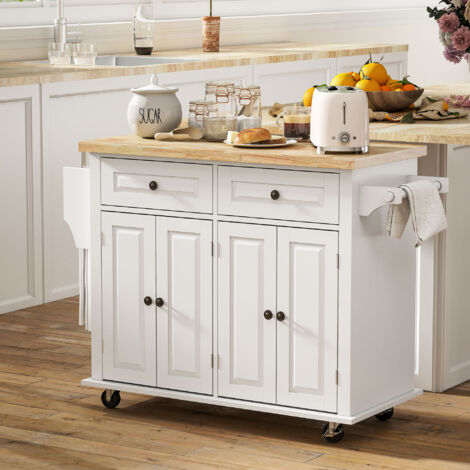 Carrello da Cucina con Ruote, Ripiani Regolabili e Portaspezie, Isola Cucina con Piano di Lavoro in Legno di Gomma, per Cucina e Soggiorno, 111x44.5x82.5 cm, Bianco