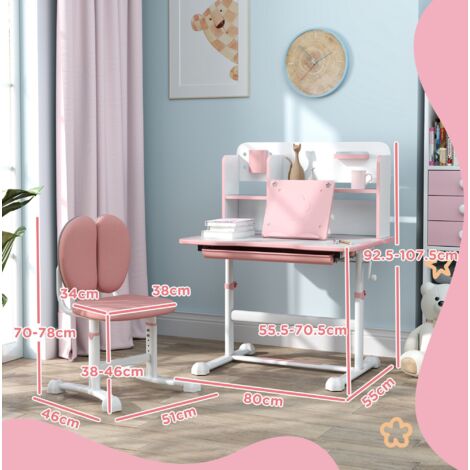 Set Scrivania e Sedia per Bambini 3-12 Anni Regolabili in Altezza, Banco Scuola con Piano Inclinabile 45°, Cassetto, Scaffale, Portapenne e Leggio, in Acciaio e MDF, Rosa (1/5)