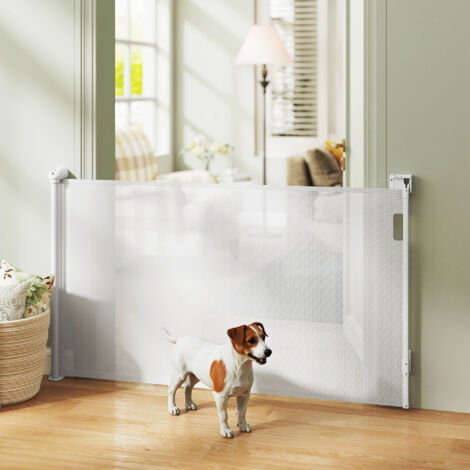 Cancellino per Cani Piccoli Estensibile 0-125 cm, Cancelletto per Animali Retrattile con Blocco Automatico per Porte e Corridoi, Bianco
