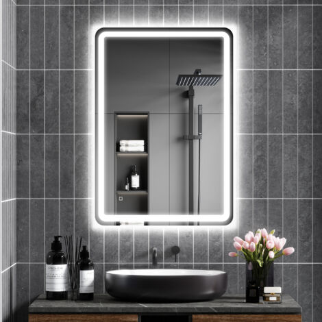 Specchio Bagno con Luce LED, 70x100cm Specchio da Parete con 3 Colori Dimmerabile, Funzione Memoria, Antiappannamento, Interruttori Touch, in Vetro Temperato, IP44, Orizzontale/Verticale