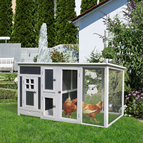Pollaio per Galline Ovaiole da Esterno con Tetto Impermeabile e Zona di Corsa, Nidificazione in Legno, 160x75x80 cm, Grigio e Bianco