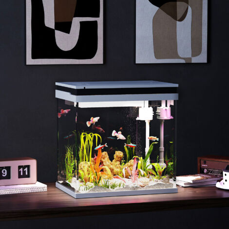 26L Acquario in Vetro per Pesci Rossi con Illuminazione LED, Acquario Completo con Filtro e Pompa d'Acqua, Vaschetta per Pesci Acqua Tropicali, 38x26x38 cm, Bianco