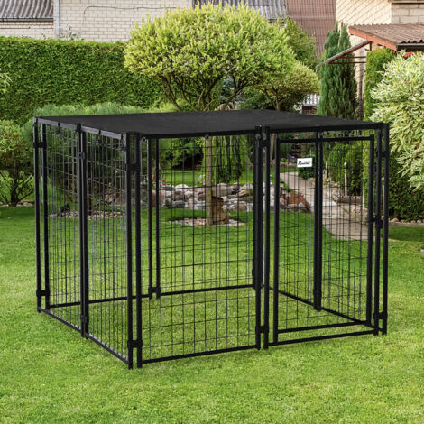 Recinto per Cani in Acciaio Pieghevole con Copertura, Box per Animali a 8 Pannelli con Porta Bloccabile, 141x141x113cm, Nero