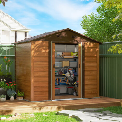 Casetta da Giardino 4.07m² in Acciaio Zincato con Fori di Drenaggio Prese d'Aria, Capanno Porta Attrezzi con Tetto Inclinato, Doppie Porte Scorrevoli Bloccabili, Design Effetto Legno, Marrone