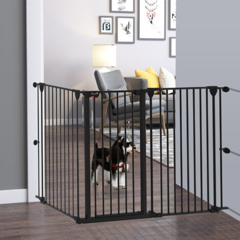 Cancelletto per Cani 90A cm a 3 Pannelli Pieghevoli con Doppio Sistema di Blocco, Cancelletto di Sicurezza in Acciaio e Plastica, 206x90cm, Nero