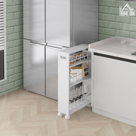 Carrello da Cucina Salvaspazio a 3 Livelli con Barre Laterali, Carrello Portaoggetti da Cucina o Bagno Compatto con 4 Ruote e 2 Freni, Scaffale Stretto in Legno e Acciaio, Bianco