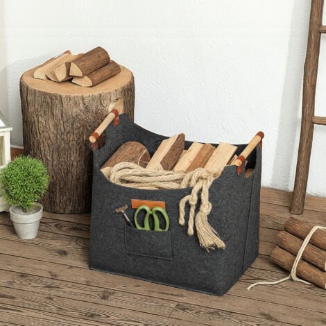 Borsa in Feltro per Legna da Ardere, Cesto Portalegna da Interno con Manici in Legno, Cesta Multiuso per Coperte, Riviste e Ceppi di Legno, 45x32x40 cm, Grigio Scuro (1/5)