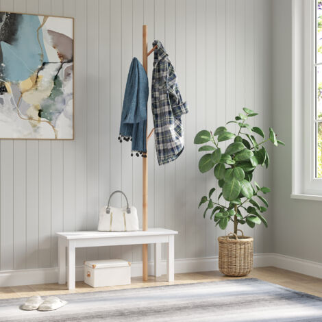 Panca con Appendiabiti da Ingresso, Attaccapanni da Terra in Bambù, Panca da Ingresso Bianca, Design, anche per Camera da Letto, 80x30x180cm, Bianco Legno (1/5)