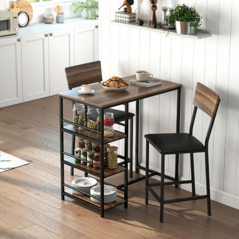 Tavolo Bar con 2 Sgabelli con 3 Ripiani, Schienale e Imbottitura Pelle PU, Set Bancone Bar e Sedie Cucina Salvaspazio con Gambe in Acciaio, Industriale, per Cucina Sala da Pranzo, Color Noce (1/5)