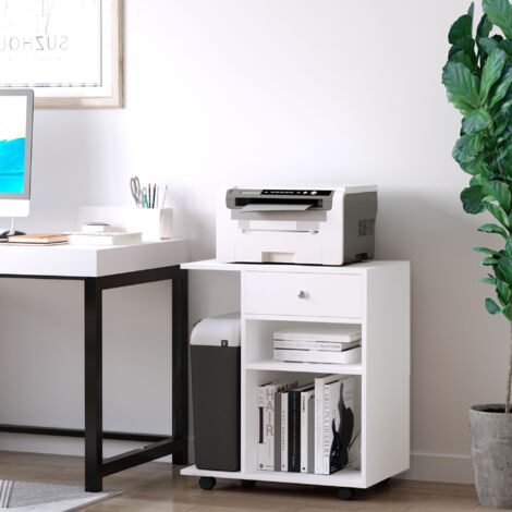 Mobile Supporto per Stampante in Legno, Carrello Porta Stampante con 4 Ruote, Mensola Regolabile e Piano per CPU, Bianco (1/5)