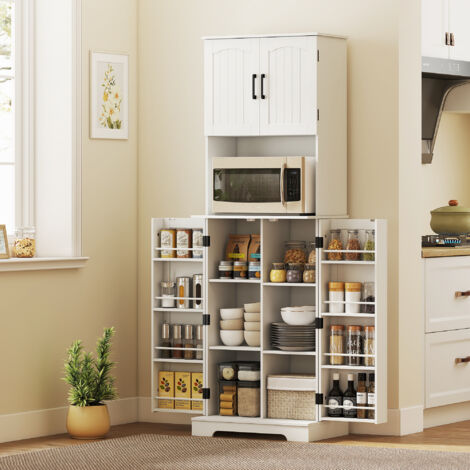 Credenza Cucina Alta 181.5cm, Mobile Cucina con 8 Portaspezie sulla Porta, 4 Ante, Mobile Dispensa Rustico con Ripiani Regolabili, Piano Portamicroonde, per Sala da Pranzo Soggiorno, Bianco