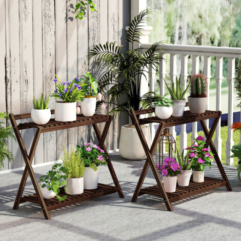 Set 2 Portapiante a 2 Ripiani per Interni ed Esterni, Scaffale Porta Piante in Legno di Abete, per Patio, Giardino, Balcone, 73x36x64 cm, Marrone Bruciato (1/5)