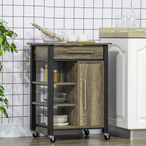Carrello da Cucina Portavivande con Cassetto, Mensole, Armadietto e 4 Ruote, Legno Truciolare, 60x50x84.5cm, Quercia (1/5)