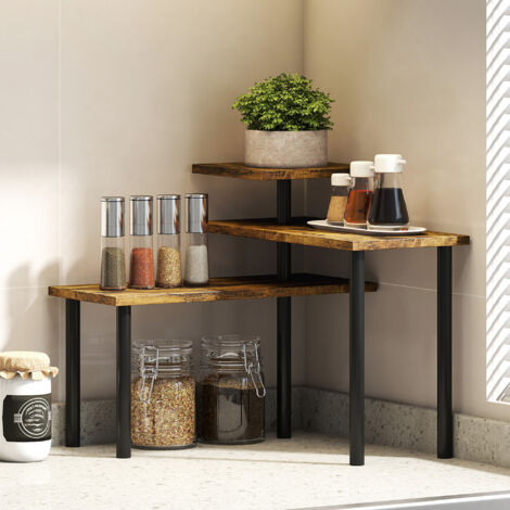 Scaffale Angolare Cucina a 3 Livelli Girevoli, Porta Spezie per Cucina Salvaspazio per Utensili e Accessori, Legno e Metallo, 40x18x36.5 cm, Marrone Rustico (1/5)