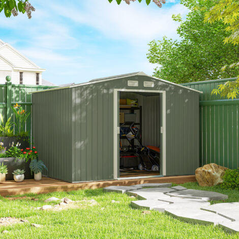 Casetta da Giardino 4.9 m² con Fondazione, 4 Prese d'Aria e 2 Porte Scorrevoli, Capanno Porta Attrezzi in Lamiera d'Acciaio, 277x195x192 cm, Verde