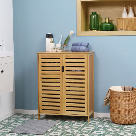 Mobile Bagno Moderno a 2 Ante, Armadietto da Bagno con 2 Ripiani Ventilati in Bambù, 68x32x86 cm, Color Legno (1/5)