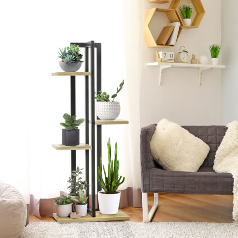 Portapiante a 4 Ripiani in Stile Industriale per Interni ed Esterni, Scaffale Porta Piante in Legno di Abete e Metallo, 45x25x110 cm, Nero e Color Legno (1/5)