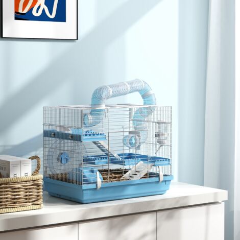 Gabbia per Criceti a 3 Livelli con Casetta, Ruota, Ciotola per Cibo, Bottiglia e Tubi, Gabbietta per Piccoli Roditori e Criceti Nani, 47.5x31.5x29.5 cm, Azzurro