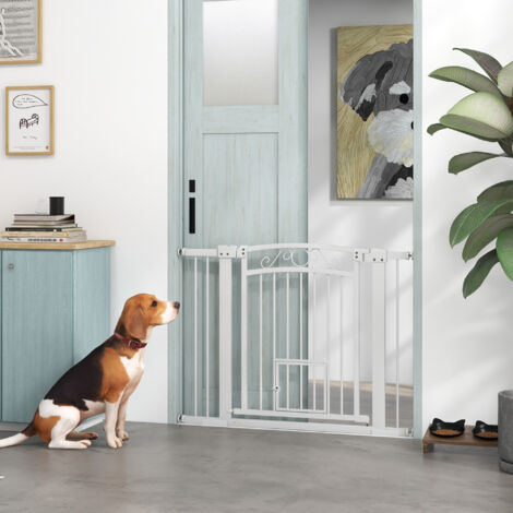 Cancelletto di Sicurezza per Cani da Interno, Cancelletto per Cani con 2 Estensioni 76-104 cm e Porta per Gatti, Cancello per Cani Animali Domestici Alto 77 cm, per Corridoio e Scale, Bianco