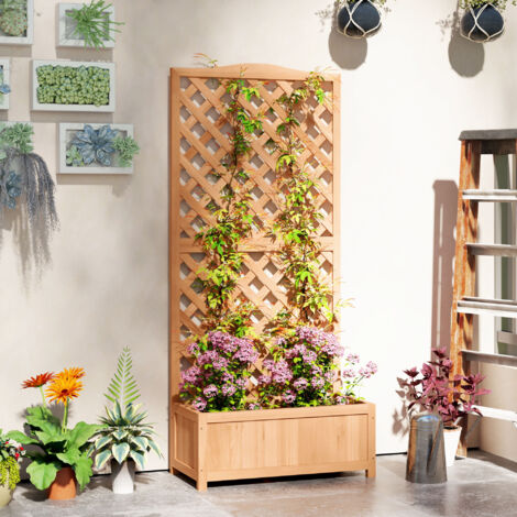 Letto per Orto Rialzato da Esterno con Grigliato, Fioriera da Esterno con Traliccio per Piante Rampicanti in Legno di Abete, per Fiori e Verdure, per Giardino e Balcone, 76x36x170 cm, Marrone