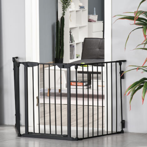 Cancelletto per Cani Regolabile e Pieghevole con Chiusura Automatica e Sistema di Blocco, Cancello per Cani in Metallo e Plastica, 180x74.5 cm, Nero