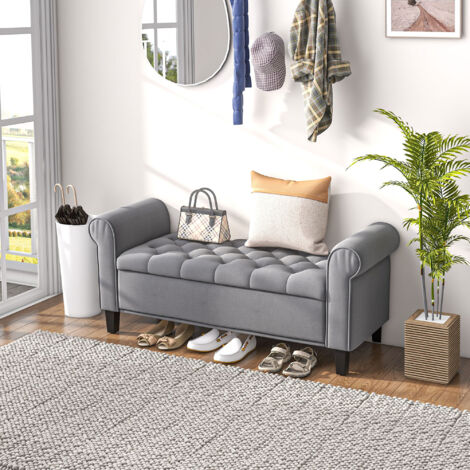 Panca Camera da Letto con Vano Contenitore e Braccioli Arrotolati, Panca Fondo Letto Imbottita in Tessuto Effetto Velluto, per Ingresso e Soggiorno, 126x48.5x57 cm, Grigio