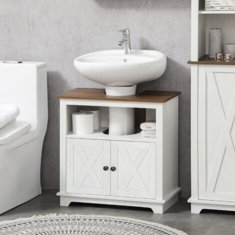 Modern Farmhouse Bathroom Sink Cabinet, Pedestal Sink Storage Cabinet with Double Doors and Shelves, White (1/5)