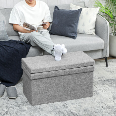 Panca Contenitore Camera da Letto Pieghevole con Schienale, Pouf Poggiapiedi in Tessuto effetto Lino con Vano da 77L per Salotto e Soggiorno, 76x50x73 cm, Grigio