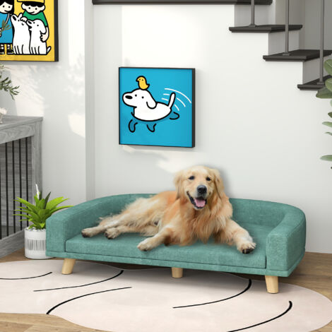 Divano per Cani di Taglia Grande con Gambe Rialzate e Cuscino Sfoderabile, Divanetto per Cani in Poliestere e Legno, 98x67x25 cm, Verde Chiaro