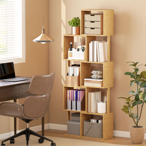 Libreria Scaffale a 5 Ripiani Suddivisi in Bambù a Forma di S, Libreria Verticale Salvaspazio Slim, Scaffale Portaoggetti per Soggiorno, Camera da Letto e Ufficio, 62.5x23x165 cm, Color Legno (1/5)
