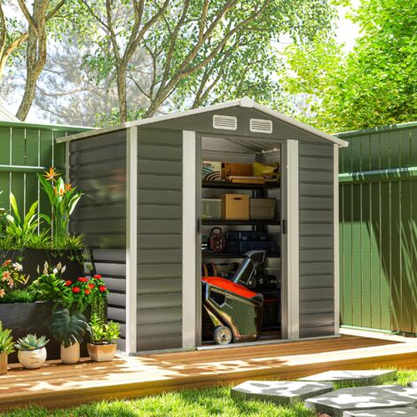 Casetta da Giardino 2.36 m² in Lamiera d'Acciaio con 4 Prese d'Aria e 2 Porte Scorrevoli, Capanno Porta Attrezzi con Tetto Inclinato, Lucchetto e Guanti, 213x120x194 cm, Grigio Scuro