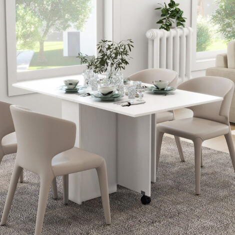 Tavolo Pieghevole con Ruote, Tavolo da Pranzo di Design, Richiudibile Salvaspazio, Design Moderno, con Ruote, Ripiani Portaoggetti, 140 × 80 × 74cm, Bianco