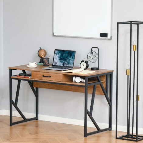 Scrivania Moderna in Metallo e MDF Stile Industriale, Mensole e Cassetto per Casa e Ufficio, 120x60x76cm Nero Marrone (1/5)