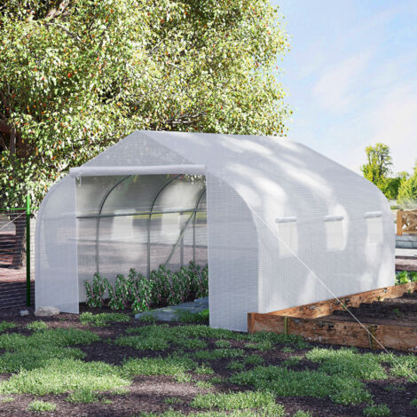 Serra per Orto a Tunnel con 6 Finestre e Porta Avvolgibile, Serra da Giardino a Tunnel in PE con Tubi in Metallo, per Piante e Frutto, 4.5x3x2m, Bianco