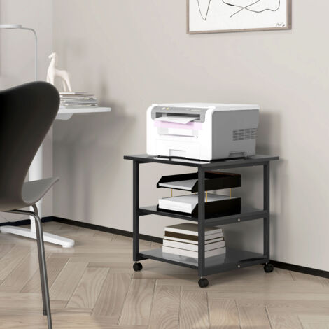 Carrello Porta Stampante a 3 Ripiani, Supporto Stampante con Ruote con Freno, Moderno e Salvaspazio in Acciaio e Legno, per Casa, Studio, Ufficio, 50x50x52.5cm, Nero (1/5)