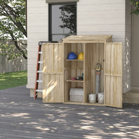 Casetta da Giardino in Legno di Abete con 2 Porte, Capanno Porta Attrezzi con Ripiani e Tetto Inclinato, 120x57x183cm, Naturale