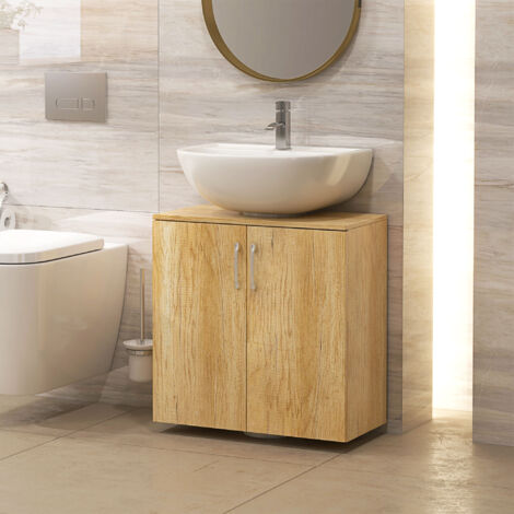 Mobile Bagno Sottolavabo Moderno, Armadietto Sospeso a 2 Ante con 2 Ripiani e Intaglio a U in Legno, per Lavabi con o senza Colonna, Colore Naturale (1/5)