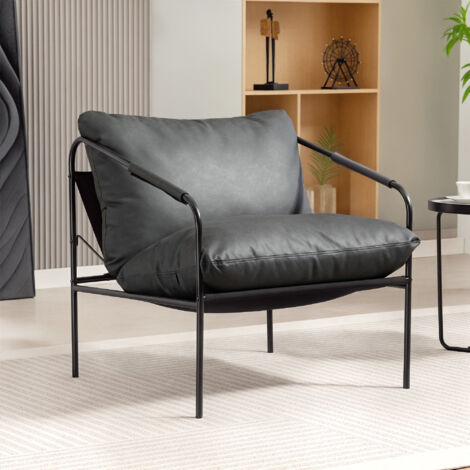 Poltrona Salotto Imbottita, Poltroncina Camera da Letto, Seduta Ampia, Cuscini Rimovibile, Braccioli e Telaio in Metallo, Poltrona Relax in Pelle PU per Soggiorno, 74.5x75x77 cm, Grigio Carbone (1/5)